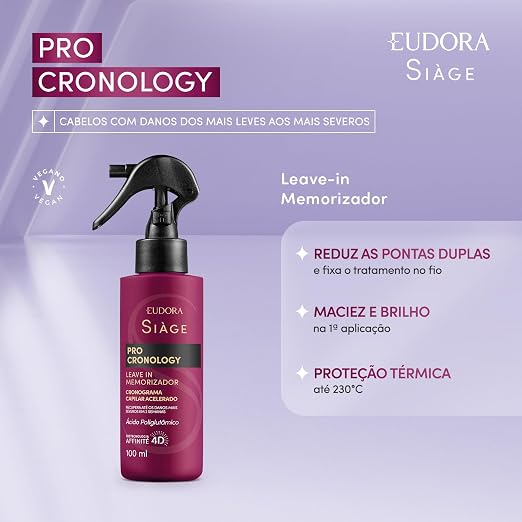 Produto com fundo lilás e lista de benefícios em texto branco: reduz pontas duplas, maciez, brilho e proteção térmica.