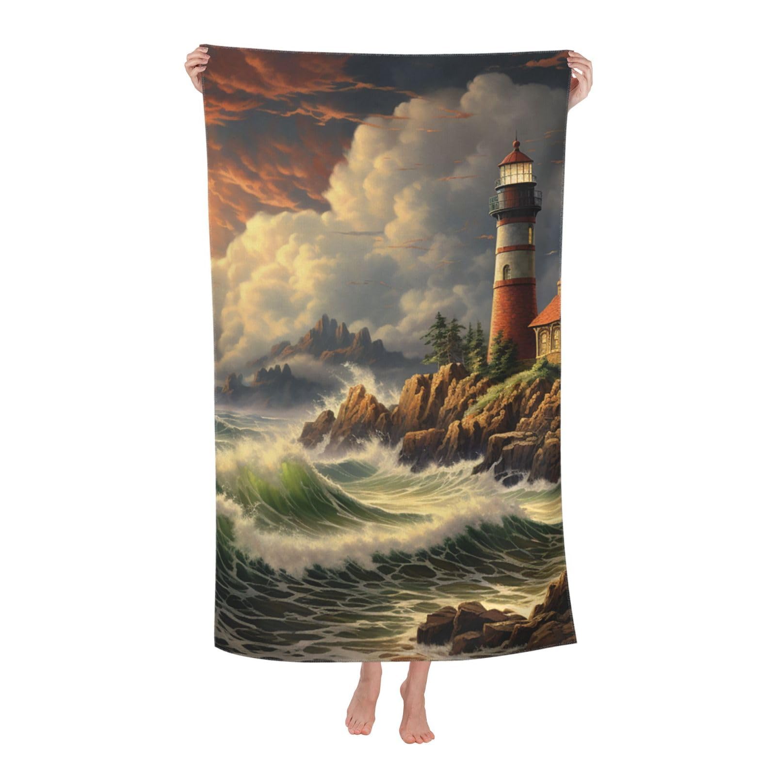 HLBSDM Coast Wave and Lighthouse Beach Towel 52 x 32 in Vacation Essentials Quick Dry Sand Free Pool Swim Towel Super Absorbent Bath Towels Oversized Gym Towels Travel Blanket Gift