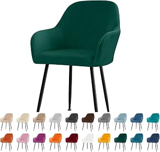Velvet Curved Back Dining Room Chair Covers with Arms Stretch Swivel Bar Stool Chair Slipcover with Armrest Accent Removable Vanity Kitchen Office Desk Armchair Protector Covers (Dark green, 1PC)