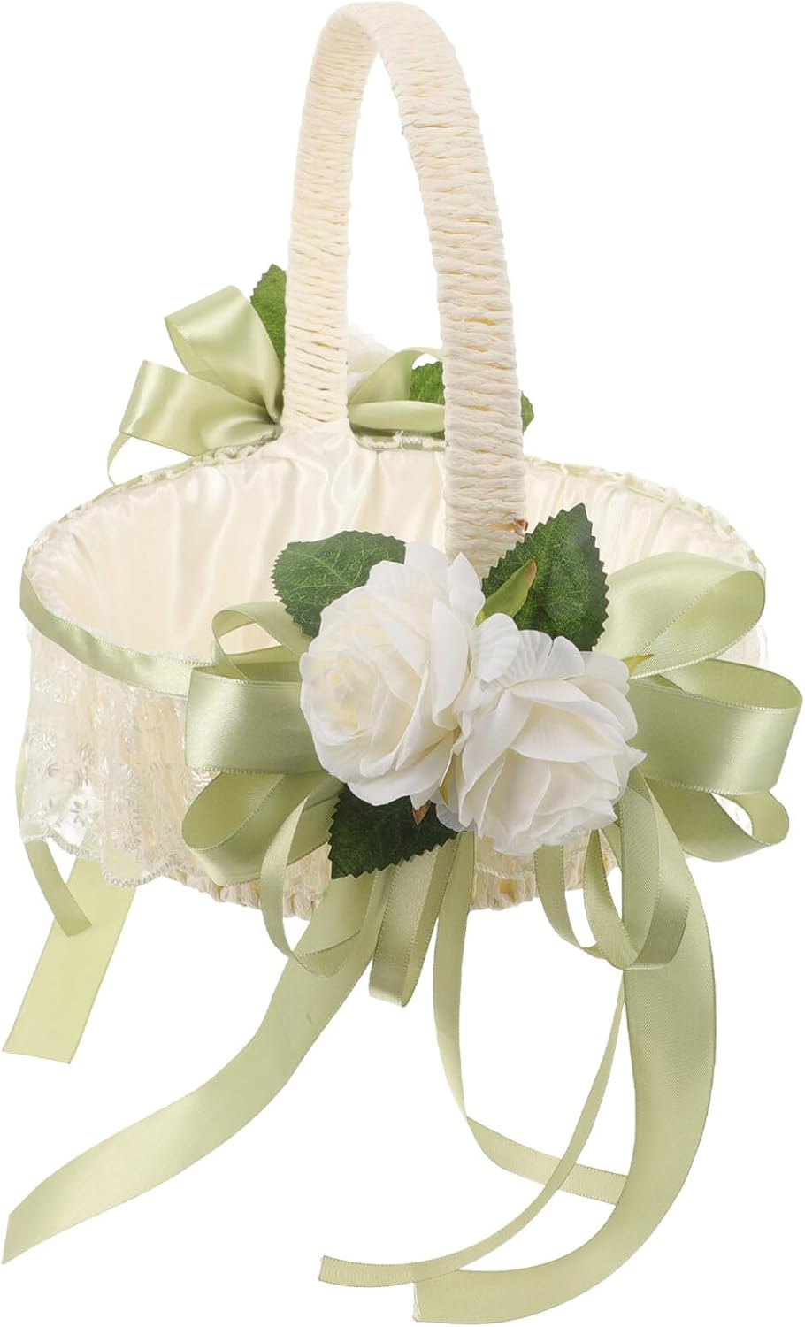 BESPORTBLE Wedding Flower Girl Basket with Bowknot Handle, White Faux Rose Petal Basket for Wedding Party Supplies and Ceremony Decoration