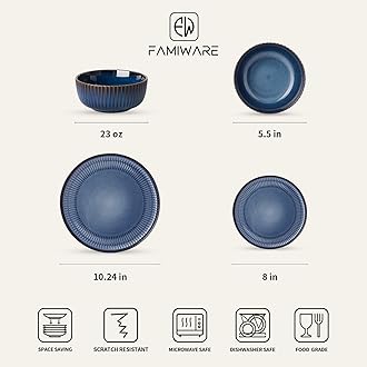 Famiware Starlight Plates and Bowls Dishes Set of 4 (12 Pieces), Ribbed Textured Stoneware Dinnerware Sets- Dishwasher & Microwave Safe, Chip & Scratch Resistant, Starry Blue