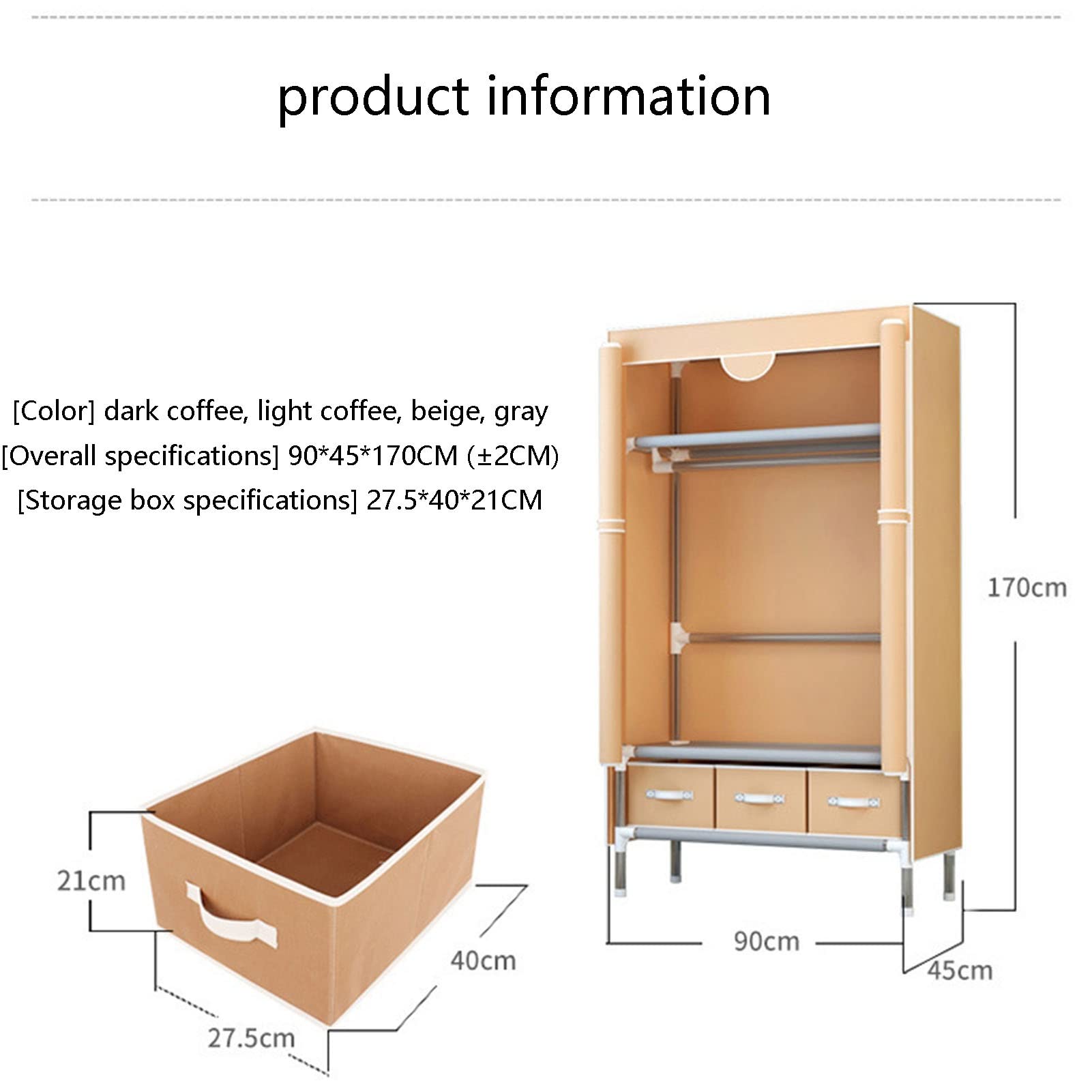 Guardaroba Portatile Guardaroba Grande Armadio in Tela Portaoggetti con 3 Scatole Portaoggetti Buona capacità portante per Soggiorno, Camera da Letto Dimensioni: (170X90X45Cm) (Size : 170X90