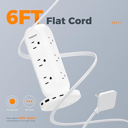 Miniatura 9 de TESSAN - Regleta de alimentación con protector de sobretensiones, cable de extensión de enchufe plano de 6 pies, estación de carga con 9 tomas de
