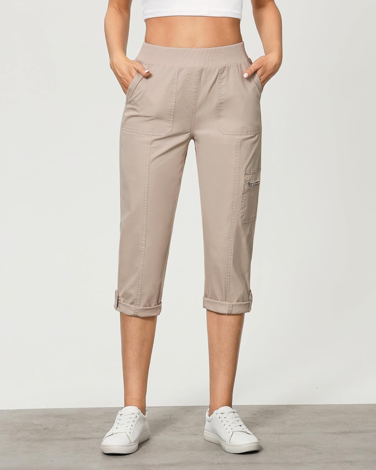 GRAPENT Capri Cargo Pants for Women High Waisted Pull On Elastic Waist Stretch Twill Fold Hem Capris Pants with Pockets - Image 2