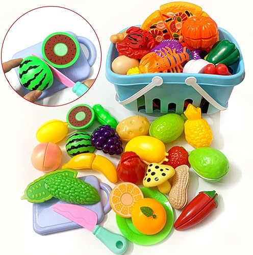 59 piezas de juguete de corte para cocina de niños accesorios de frutas y verduras con cesta de almacenamiento de compras mini platos y cuchillo de