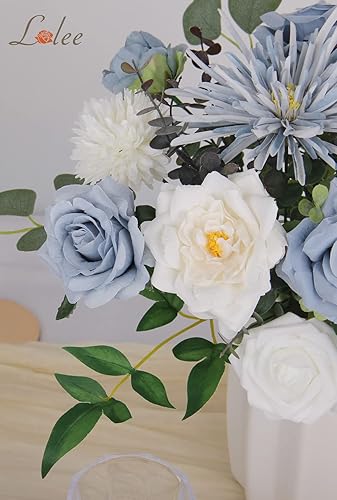 Miniatura 4 de LELEE Combinación de flores artificiales de color azul polvoriento, mezcla de flores de seda, rosas de dalia con tallos para ramos de novia, baby