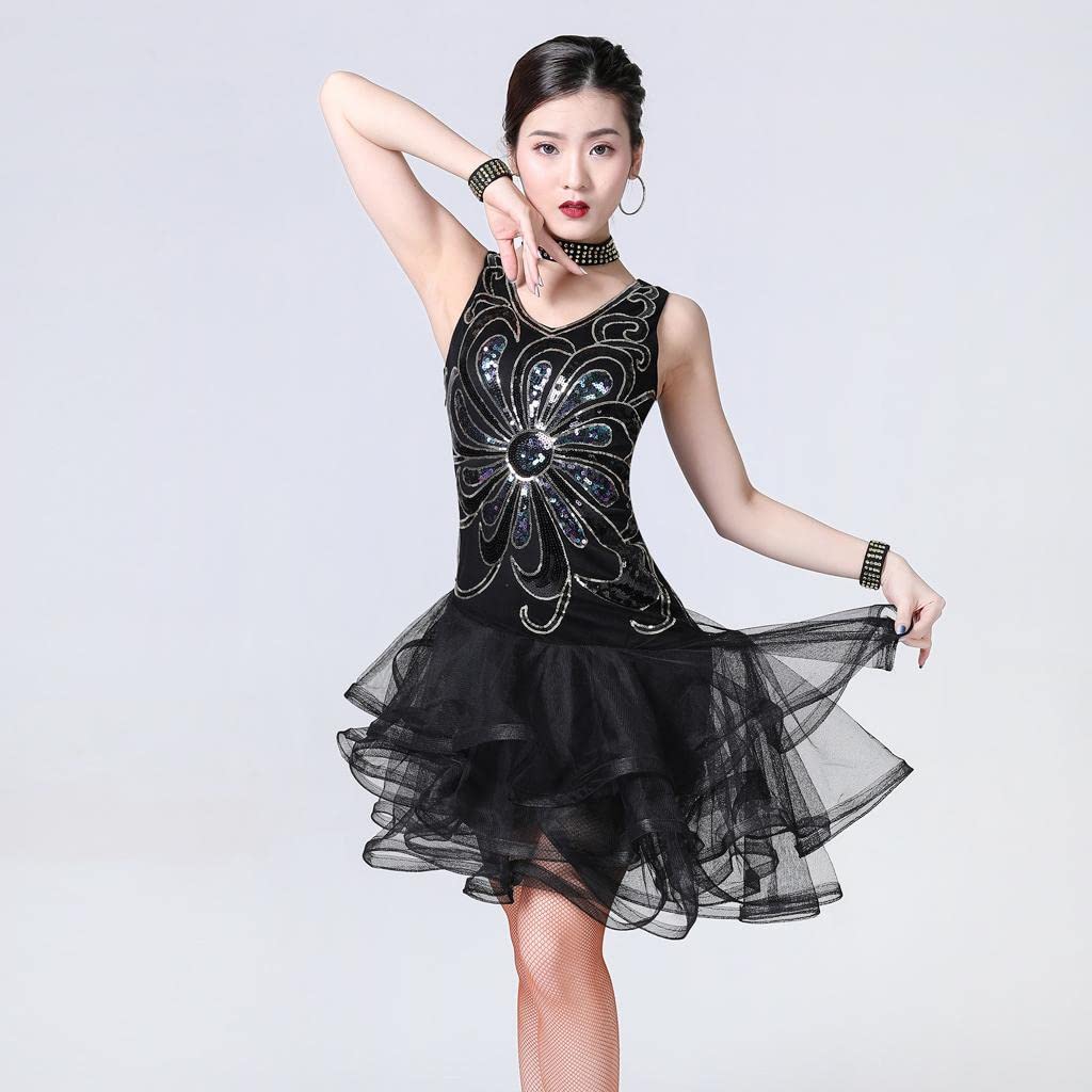 Tanzkleid Pailletten Mesh Ballettkleid Neckholder Kleid Damen Tanzrock mit Glitzerkragen Figurbetonte Passform Polyester für Tanzkurs Gymnasti