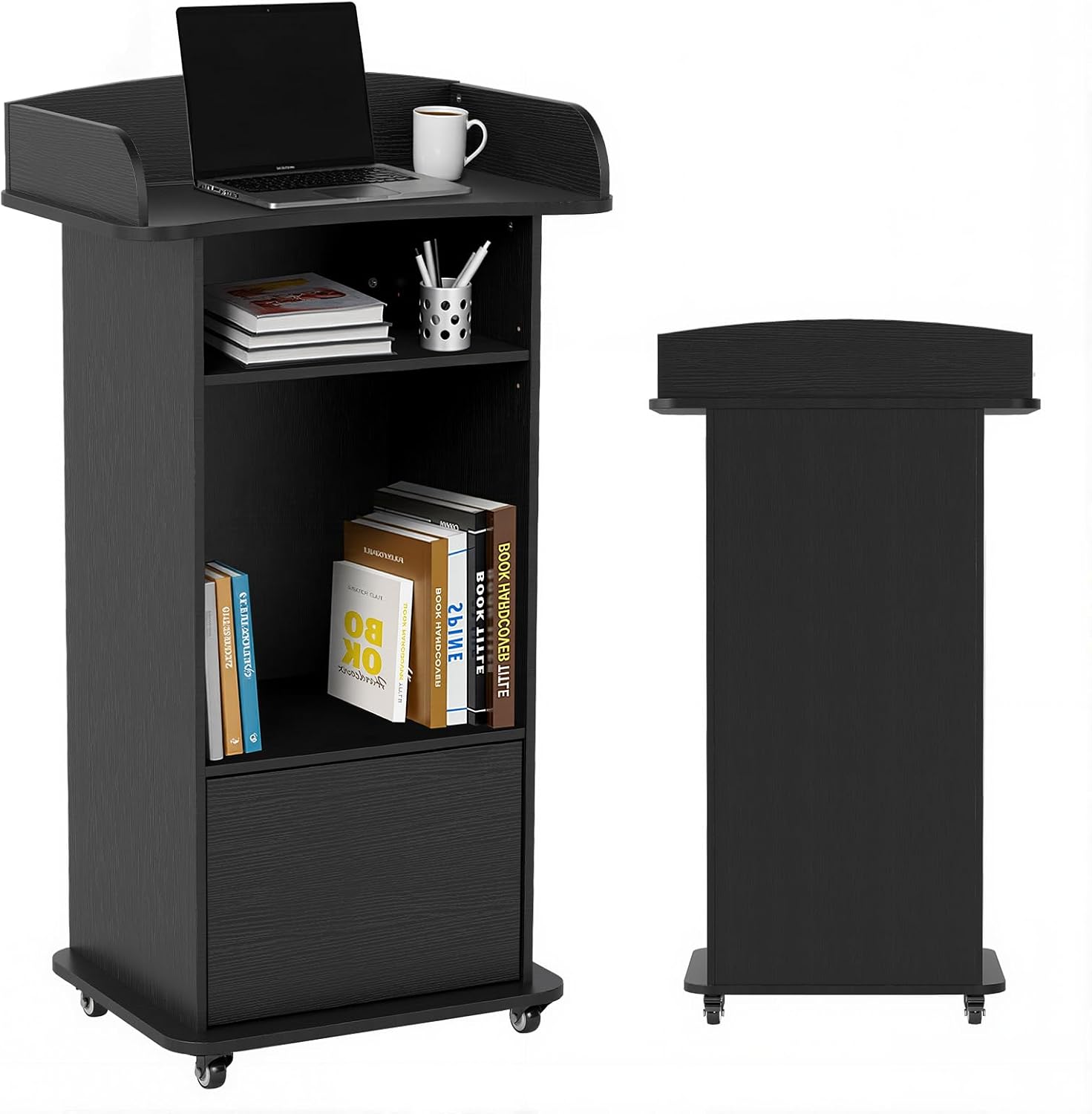 Podium Stand Portable with Wheels, Classroom Lectern for Teacher with Adjustable Storage Shelf, Mobile Rolling Church Pulpits, Office Wooden Reception Desk, Host Stand for School Conference（Black）
