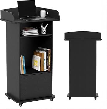 Podium Stand Portable with Wheels, Classroom Lectern for Teacher with Adjustable Storage Shelf, Mobile Rolling Church Pulpits, Office Wooden Reception Desk, Host Stand for School ConferenceBlack