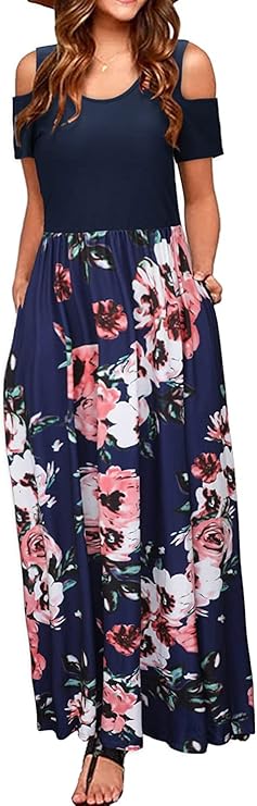 Kancystore Women's Short Sleeve Floral Maxi Dresses Cold Shoulder Dress with Pockets