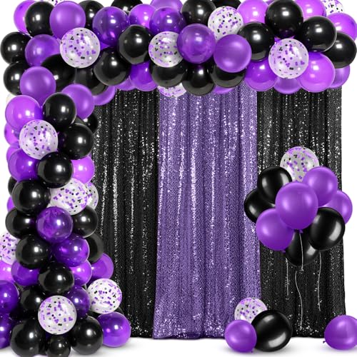 SmoothNovelty 137 Pcs Purple Black Sequin Curtains Balloon Garland Kit