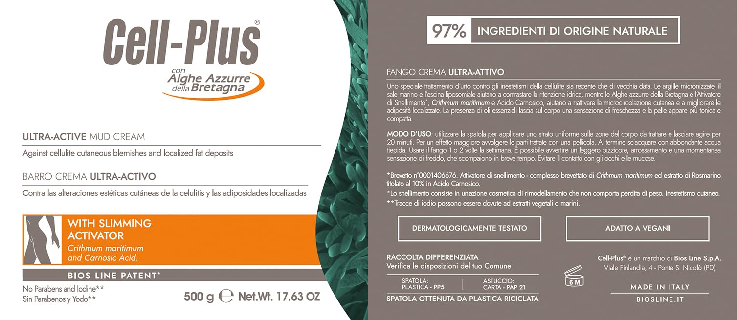 CELL PLUS Fango Crema Ultra-Attivo 500g, Trattamento Contro Cellulite e Adiposità Localizzate, Riequilibra Microcircolazione