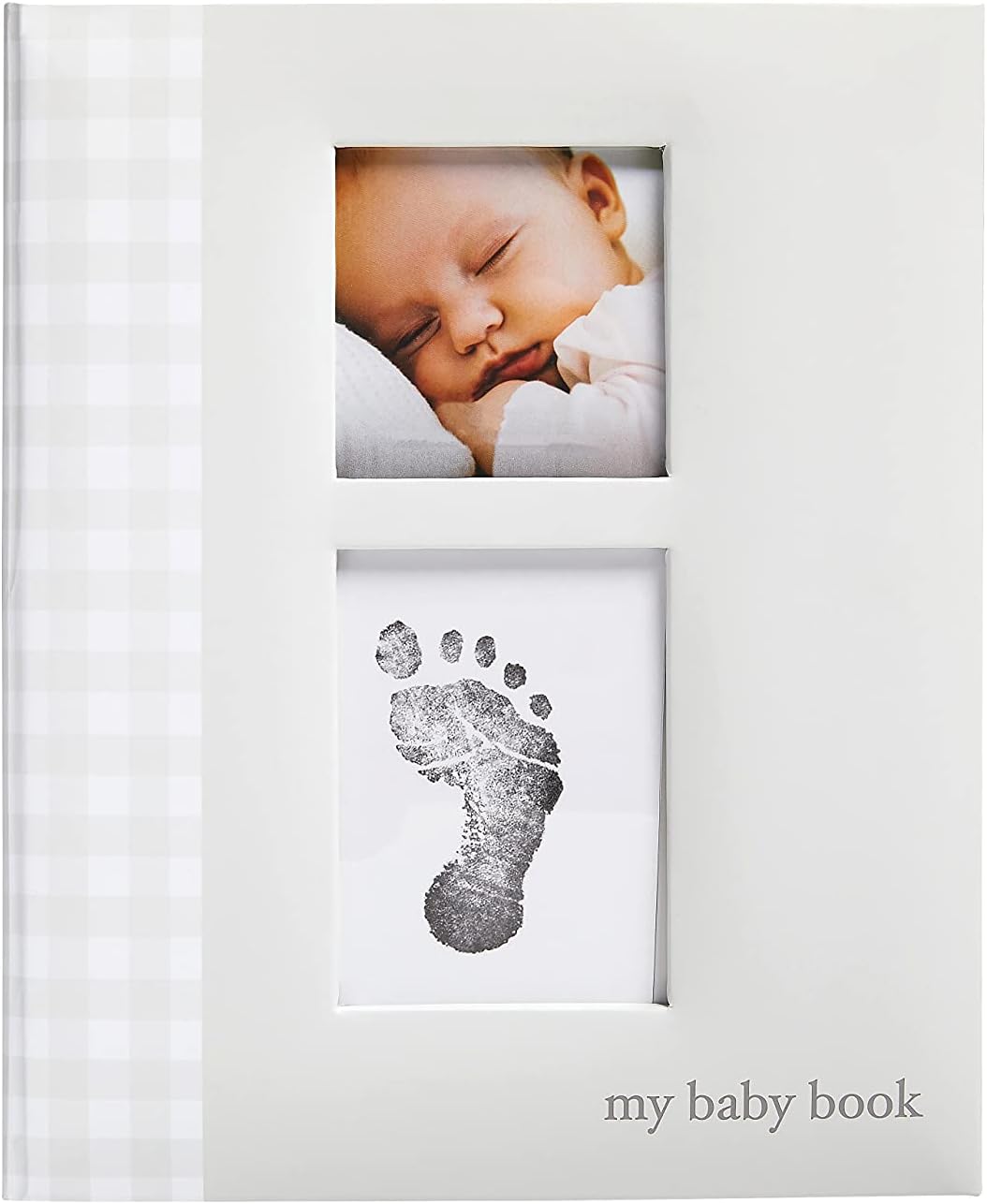 Little Pear Gingham Baby Memory Book with Ink Pad, Gender-Neutral Babyprint Keepsake, Milestone Photo Album, Gray