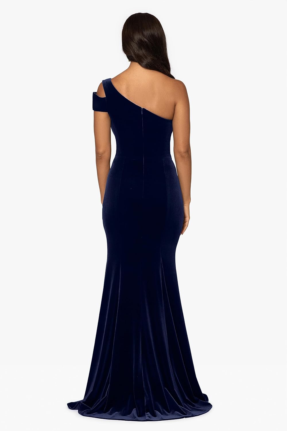 Betsy & Adam Womens Long Velvet Sleeveless One Cold Shoulder Stretch Sheath Gown - Image 2