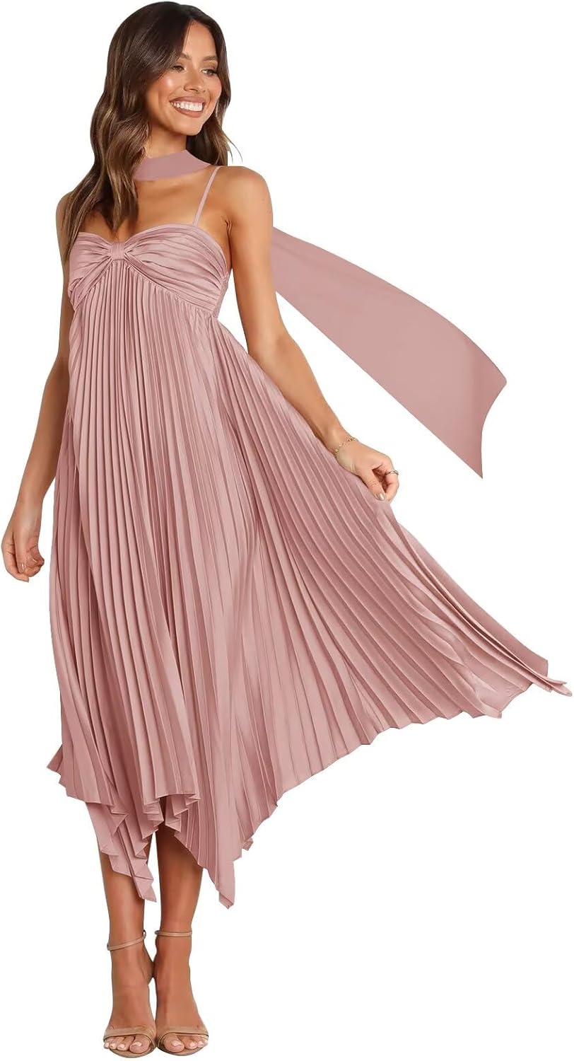 Smileven Satin Spaghetti Strap Bridesmaid Dresses with Scarf Midi Pleated Formal Wedding Guest Gowns