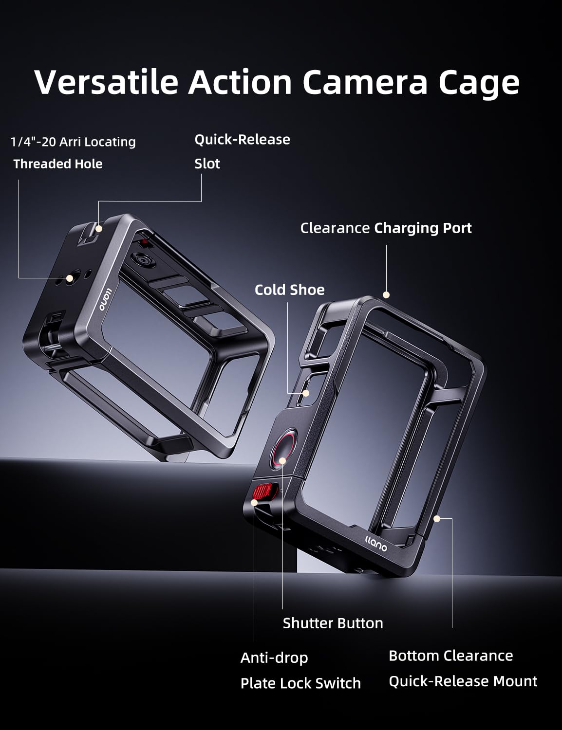 llano Action Kamerakäfig für DJI Osmo Action 5 Pro/Action 4/Action 3, CNC-Aluminium Schutzrahmen, kompatibel mit DJI Mic & Magnetbasis, Blitzschuh + 1/4"-20 Befestigungen, Ultraleicht 57 g