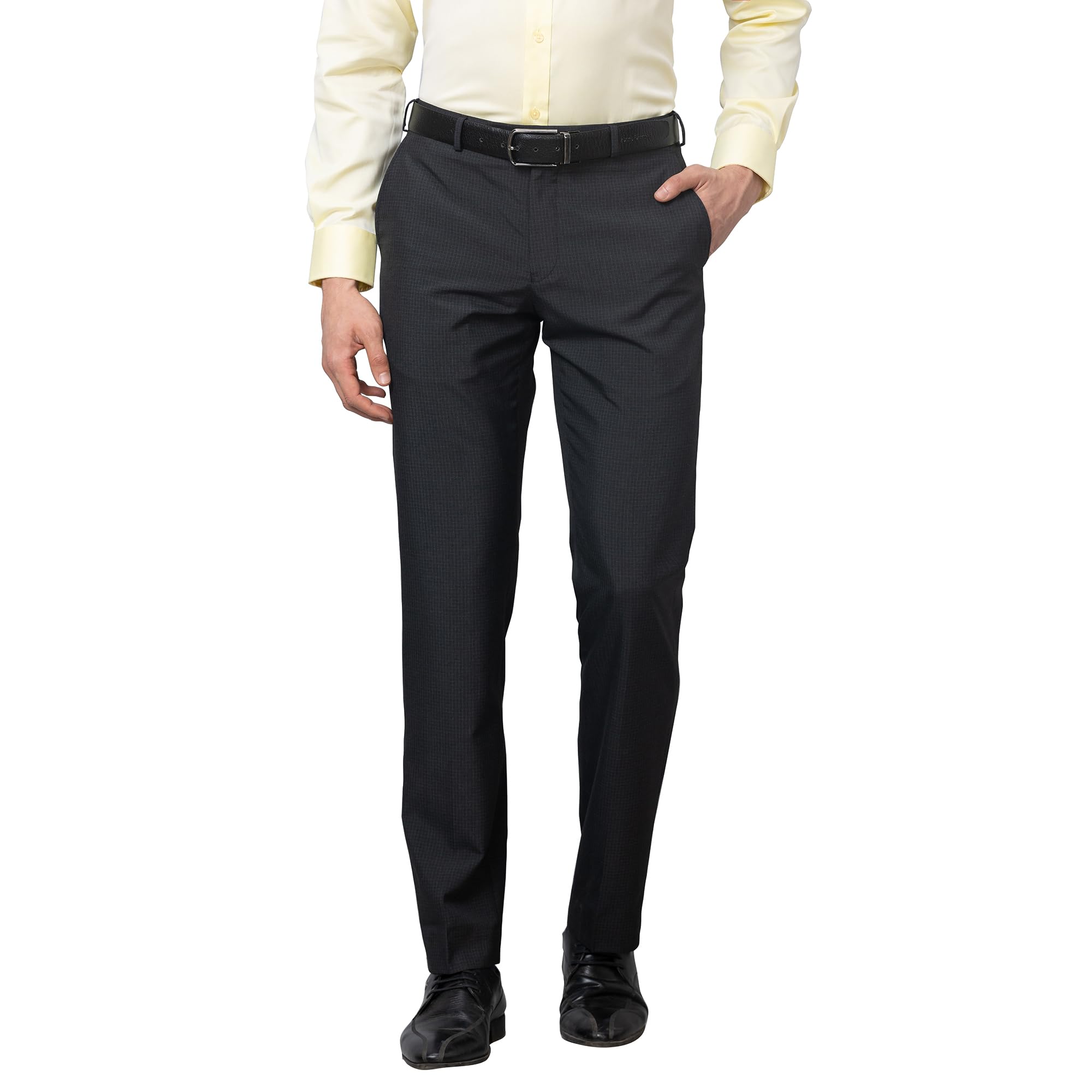 park avenue Men's Smart Fit Polyviscose Blend Flat Front Checks Pattern Dark Grey Formal Trouser-picture-38