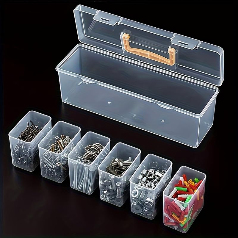 Caja de almacenamiento de herramientas, organizador de piezas pequeñas, contenedor de hardware, plástico transparente con 1 caja exterior y 6 separadores interiores extraíbles, para tornillos, tuercas