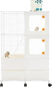 3-Tier Expanded Pet Cage, 45" H Large Capacity Animal Cage with 2 Pull-Out Drawers, 6 Wheels, Pet Play Paradise for Rabbits, Chinchillas, Squirrels Home Pet Rooms White