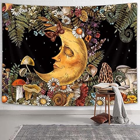 Boho Moon Tapestry fot Bedroom Aesthetic, Hippie Mushrooms Plants Black Starry Night Backdrop Wall Tapestries, Trippy Botanical Floral Flowers Wall Art Tapestry for Home College Dorm Posters, Yellow Cover