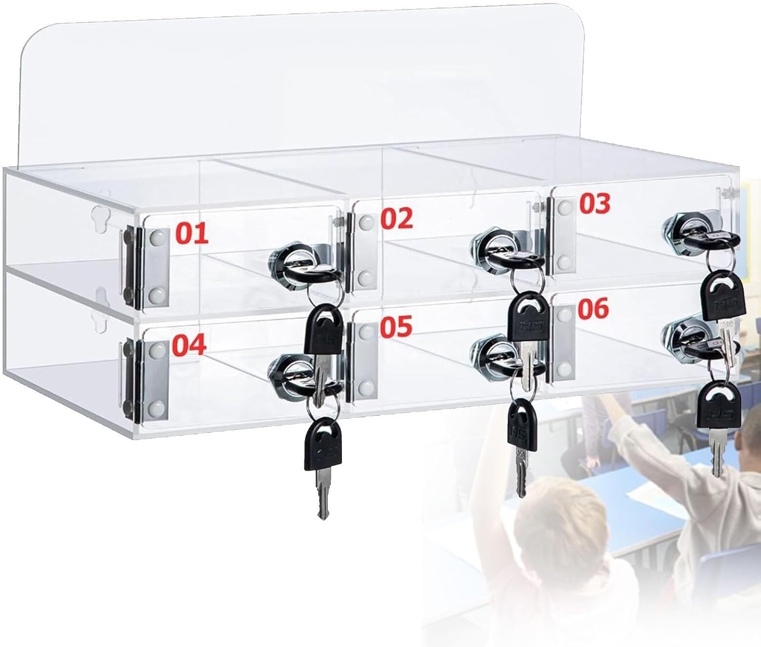 Cell Phone Locker Box for Classroom with Door Locks and Keys Clear Acrylic Jail Storage Cabinet，Wall-Mounted Cell Phone Organizer Box, Acrylic Storage Cabinet with Lock, 6-Slot Cell Phone Lo