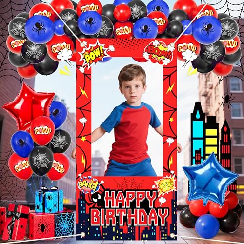 Spider Theme Birthday Party Decorations,Blue Red Black Balloons, Photo Booth Props, Happy Birthday Banner