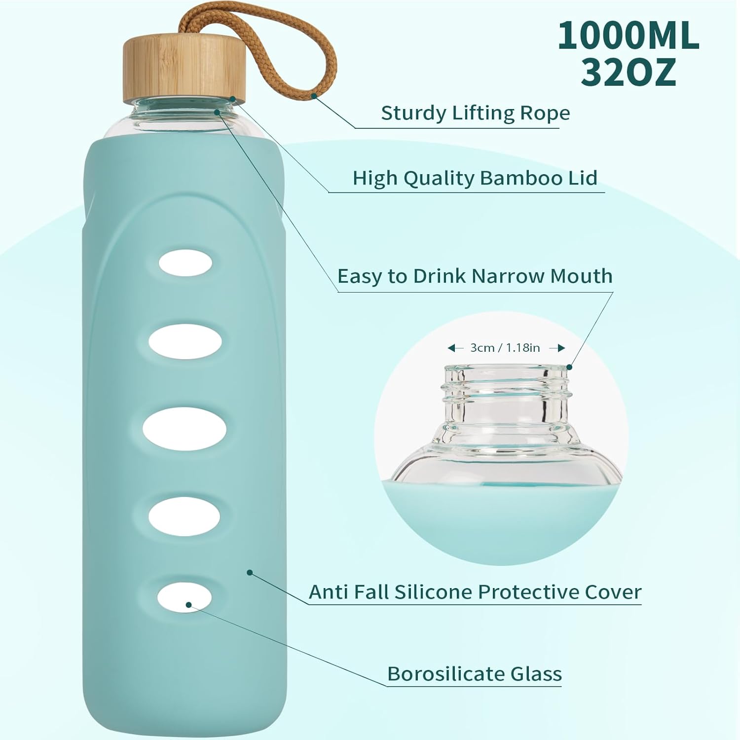 Sport 32oz Glass Water Bottle 1000ml /1 liter Borosilicate Glass Water Bottle Reusable Waterbottle Jugwith Silicone Sleeve and Unique Lid (Cyan - Image 2