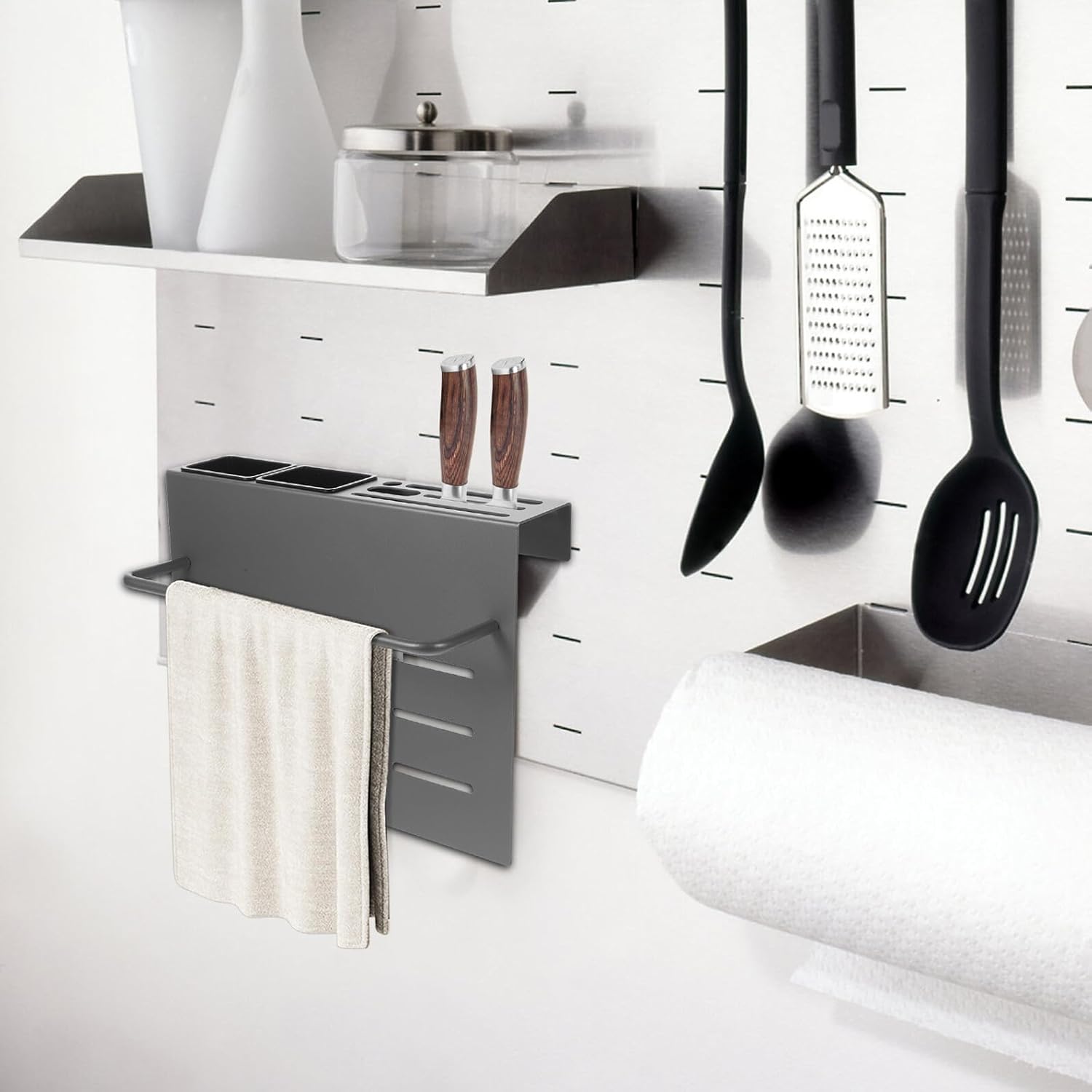Lurrose Wall-mounted Kitchen Knife Holder with Chopstick and Cutting Board Organizer, Multi-function Utensil Storage Rack with Dual Cups and Rod, Gunmetal Gray for Household Kitchen
