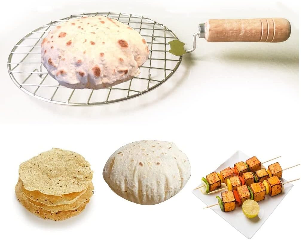 Steel Roasting Roti Jali Wooden Handle with Tong and Pincer Set Roaster,Cooking Rack,Papad Grill,Chapati Grill,Roaster,Food Tong (Round Jali with Wooden Handle)