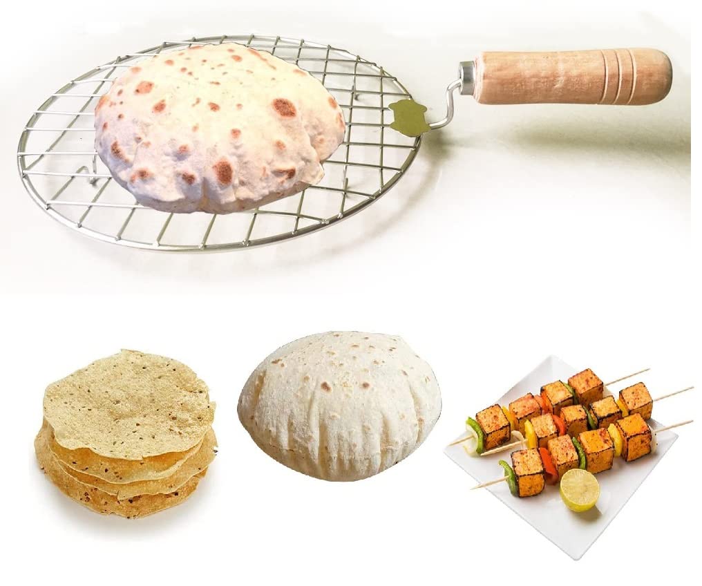 Steel Roasting Roti Jali Wooden Handle with Tong and Pincer Set Roaster,Cooking Rack,Papad Grill,Chapati Grill,Roaster,Food Tong (Round Jali with Wooden Handle)