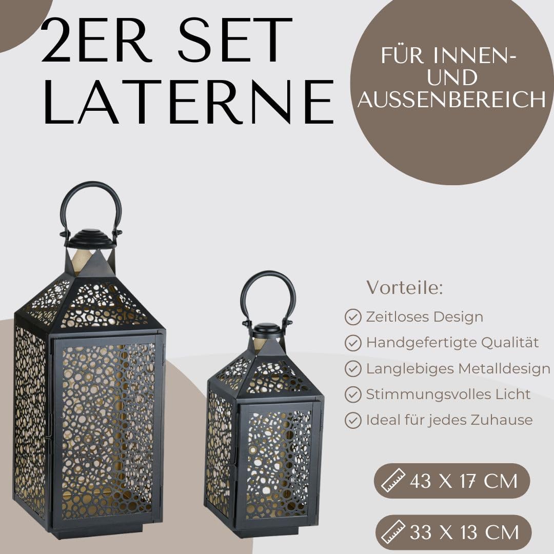 2er Set Skandinavische Laterne Flavio handgefertigt aus Metall 42 cm