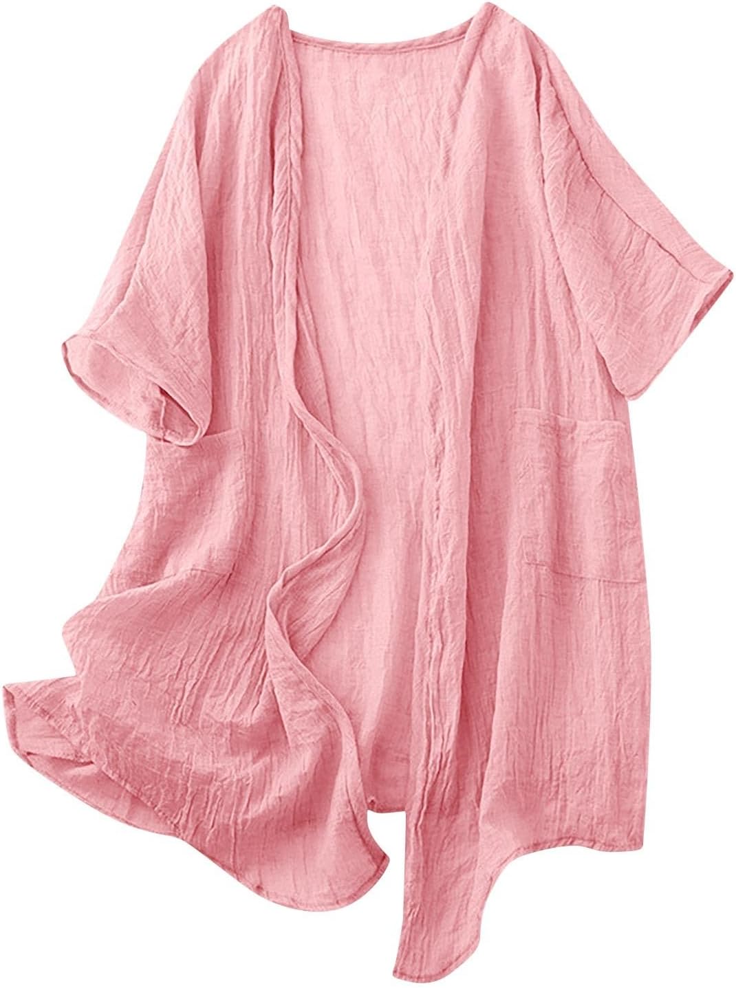 Womens Long Cardigans Lightweight Cover Up Fall Casual Loose Fit Half Sleeve Cotton Tops Beach Coverups with Pockets