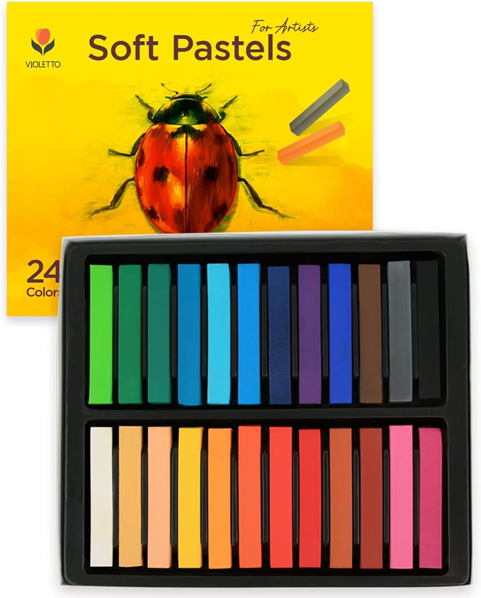 VIOLETTO Juego profesional de pasteles largos y suaves: 24 colores vibrantes, suministros de arte no tóxicos para artistas adultos, ideal para dibujar, mezclar y sombrear, pasteles de calidad de estudio
