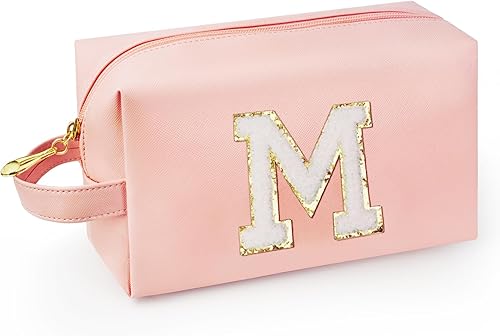 Vista 31 de Bolsa de maquillaje personalizada con inicial y asa, bolsa de cosméticos estilo preppy con bolsillo interior con cremallera, para niñas de 8 a 14