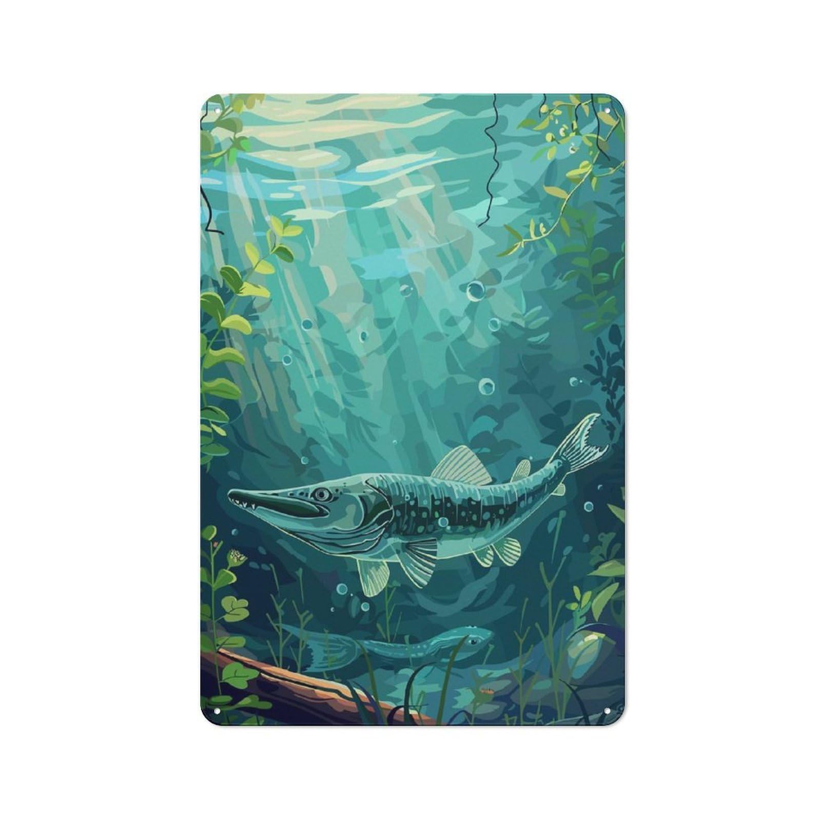 Junmoney Style-5 Smart Pike Fish Underwater Office Metal Sign 30X20cm, Creative Space Decor For Home Office, Reading Corner Or Bedroom