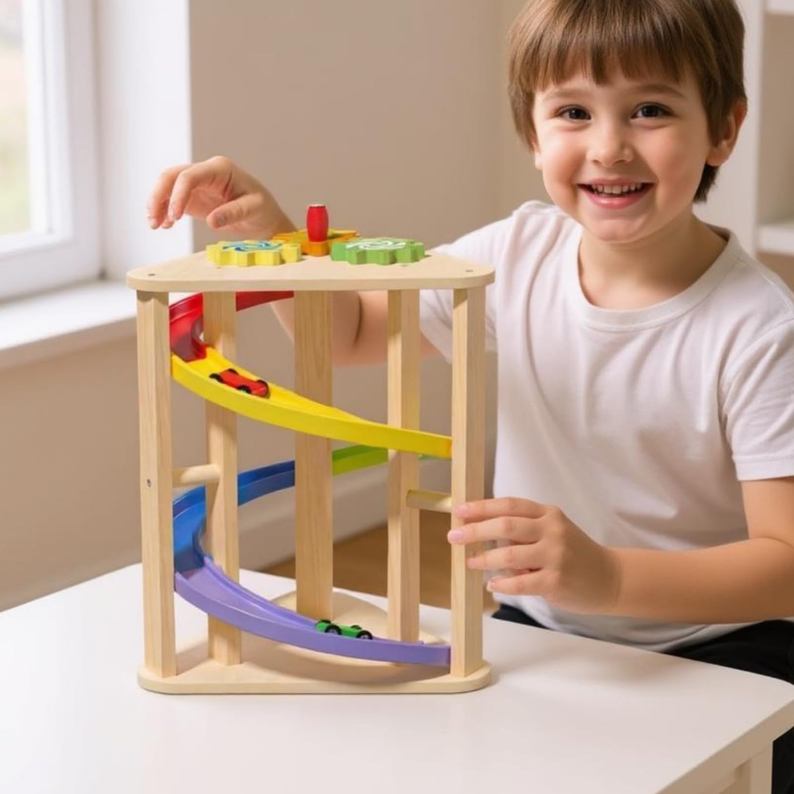 Kinder Kugelbahn Auto Rennbahn Holz Spielzeug Set Rutsche Bahn Lernspielzeug Zahnrad Aktivität Glatte für Vorschule Therapiestelle Frühförderung