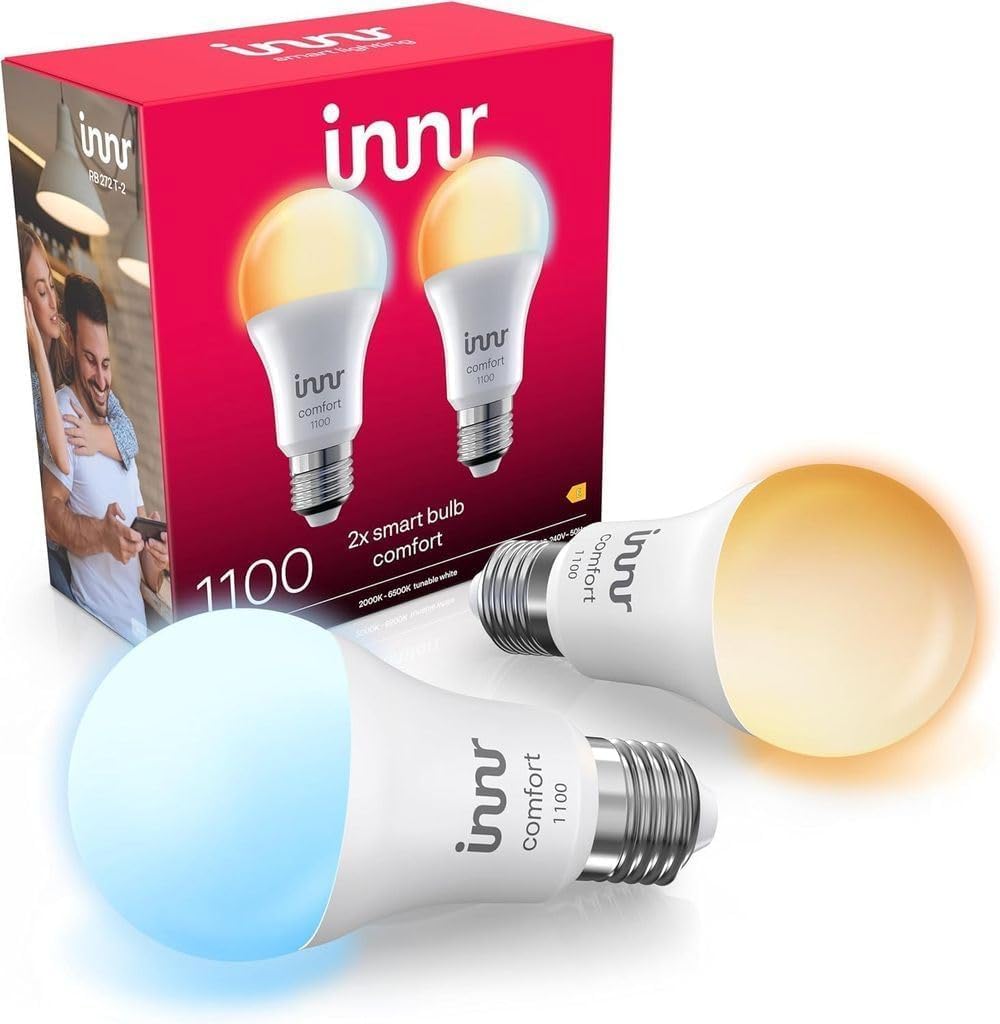 innr innr Zigbee E27 Smart Lampe, funktioniert mit Alexa und Hue* (Bridge erforderlich), Warmweiß bis Kaltweiß, Glühbirne E27 Dimmbar, Smart Home Lampe, 1190 Lumen, 2 Stück