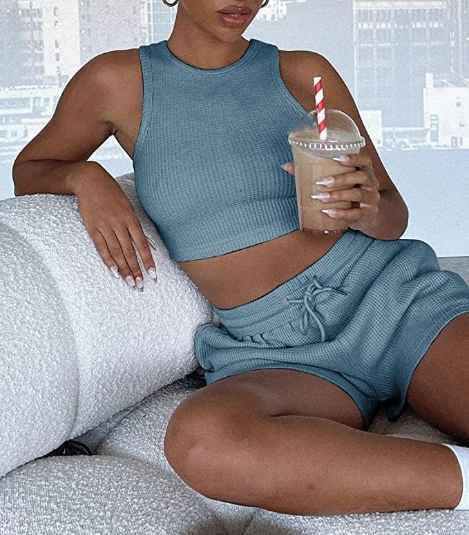 Miniatura 4 de Ifoqixu Conjunto de 2 piezas para mujer, camiseta corta sin mangas y pantalones cortos con bolsillos, pijama de punto acanalado