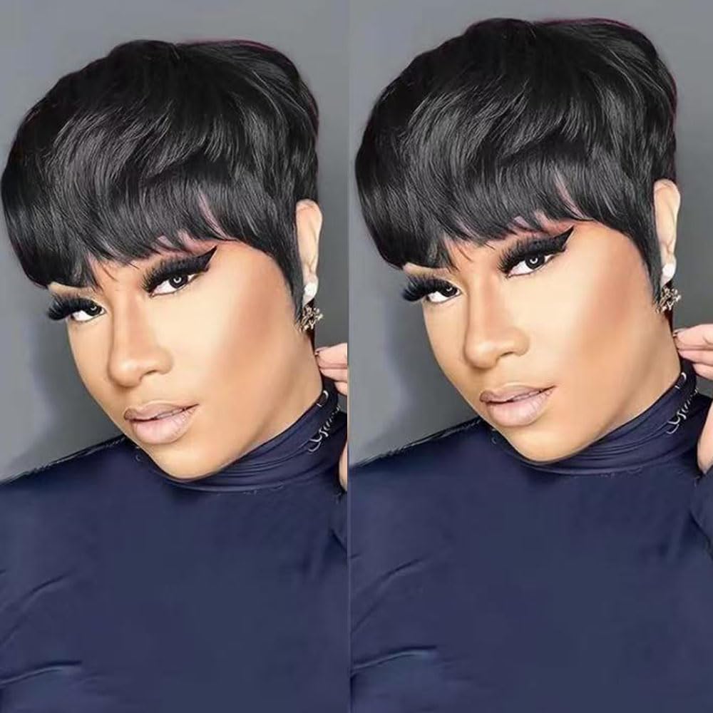 HOTKIS Short Wig Pixie Cut Wig Human Hair Short Wigs for Black Women Short Human Hair Wig Pixie Wigs for African American Natural Black 4 inch
