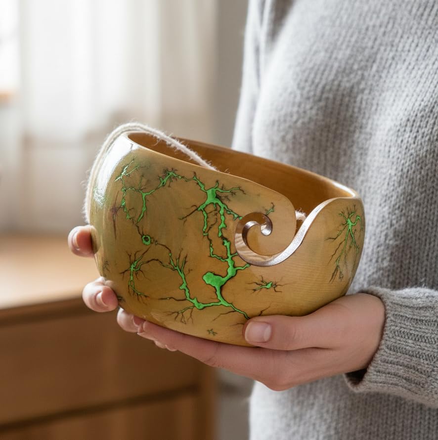 Image of Lichtenberg Figure Yarn Bowl - Handmade Wooden Yarn Bowl for Knitting Yarn Ball Holder - Yarn Bowls with Holes Crochet Bowl Holder - Yarn Storage Bowl 7 inch x 4 inch inches (Green-B)