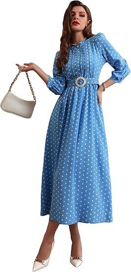 WDIRARA Women's Polka Dots Puff 3/4 Sleeve A Line Pleated Belted Flare Cocktail Long Dress