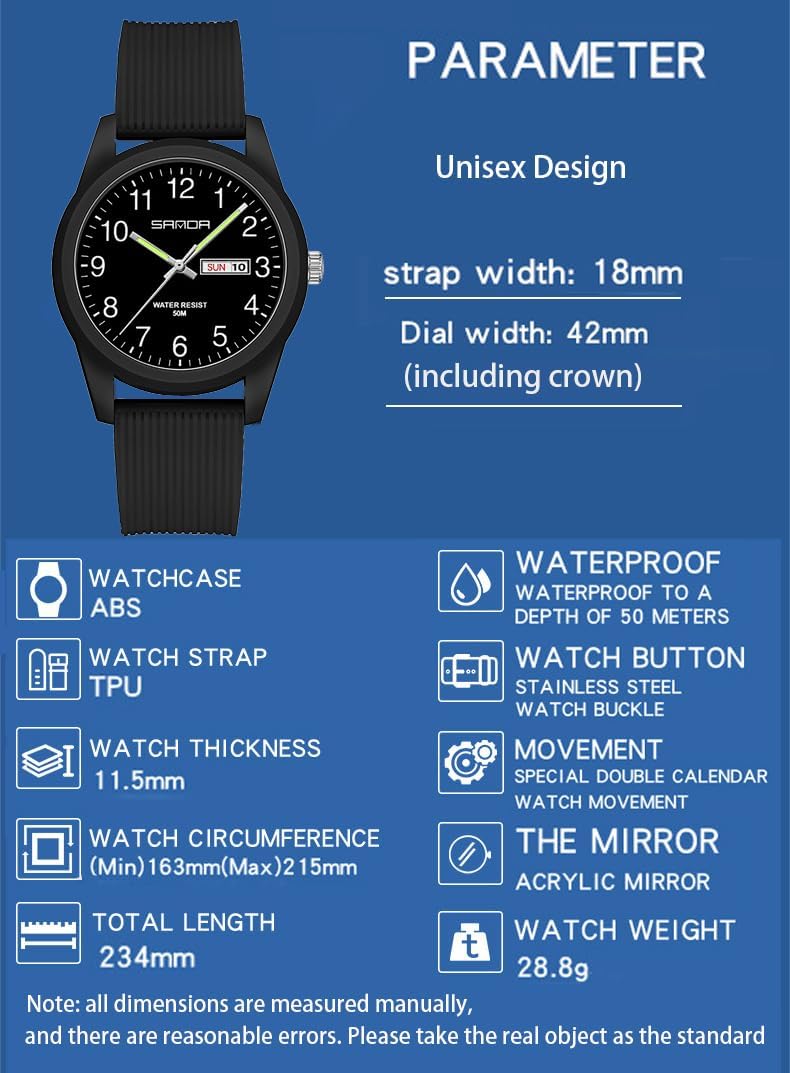 Men Women Minimalist Sports Watch 50M Waterproof Luminous Day Date Lightweight ABS Case TPU Strap Analog Quartz Casual Everyday Gift