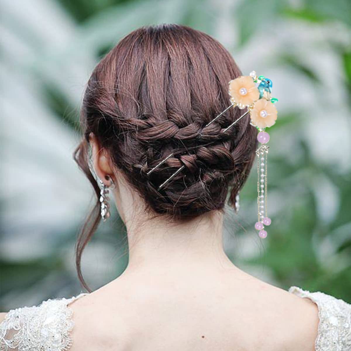 baguette pour cheveux, Épingle à cheveux antique en forme de U, baguettes à cheveux, épingles à cheveux de fixation de chignon, bâtons de cheveux en forme de U à double fleur rose, accessoires de pinc