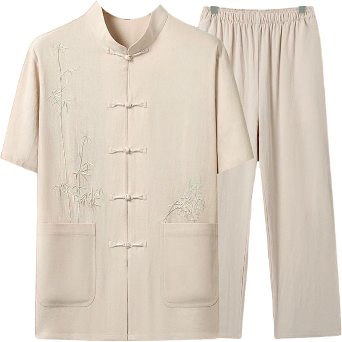 Men's Short Sleeve Shirt Summer Ice Silk Tang Suit Middle Aged Casual 2 Piece Outfit