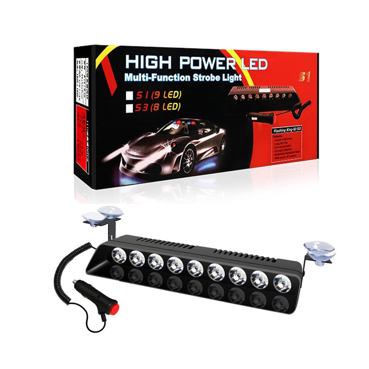 AutoBizarre 12V Car Dash Emergency Warning Strobe Red Blue Flasher Windshield Sucker LED light With Multiple Flashing Modes For All Cars, Emergency Vehicles, etc. (9 LED Red Blue White)-image-44
