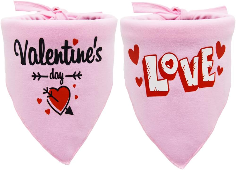 2 Pack Valentine’s Day Dog Bandana Triangle Scarf Adjustable Reversible Dogs Bib Washable Accessories for Medium Large Dogs Pink