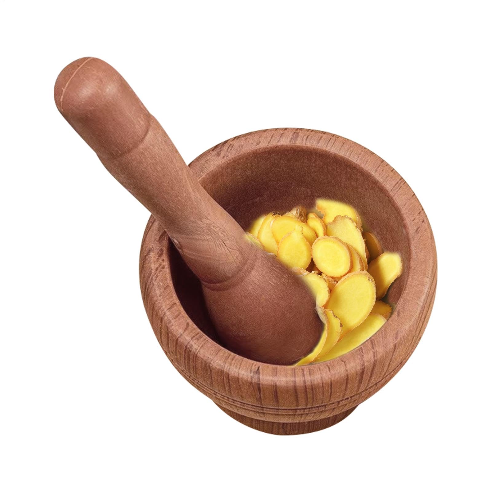 Pestle And Mortar Set 11.4x11.4x9.5cm Guacamole Bowls Garlic Masher With Lid Natural Bamboos Wood Garlic Press Ginger Crusher For Muddling And Grinding Spices, Brown