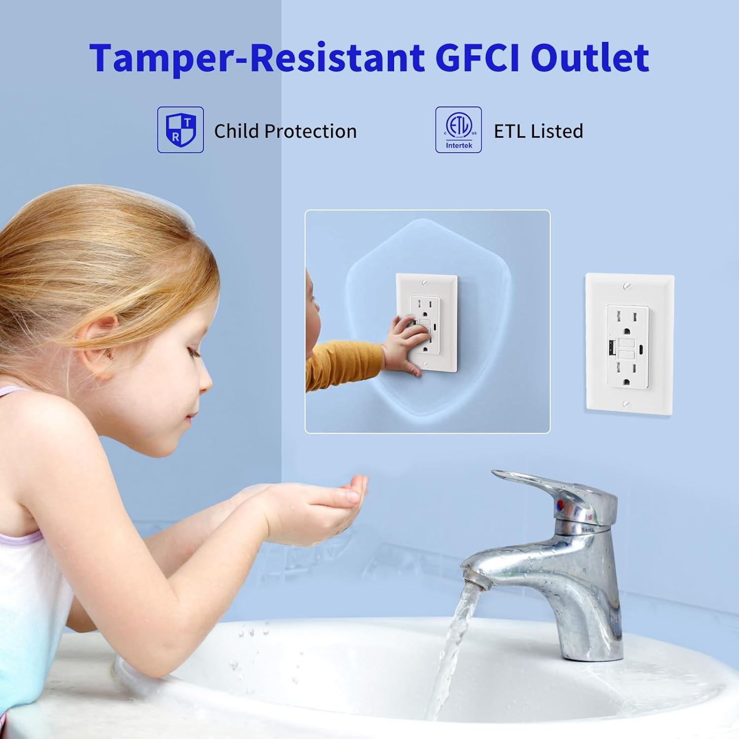 15 Amp Self-Test GFCI Outlet Combination with USB Type A and Type-C, Tamper Resistant Thinner Duplex Outlet, in-Wall, USB Charger for Smartphones, Tablets, Black, 2-Pack