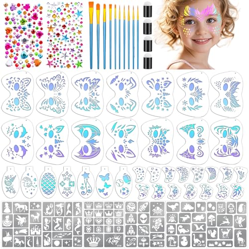 58PCS Face Paint Stencils Kit Includes 36 Reusable Facial Painting Stencils 6 Sheets Tattoo Templates Stickers 10 Brushes 2 Pack Adhesive Gems 4 Sponge for Halloween Festival Party Makeup