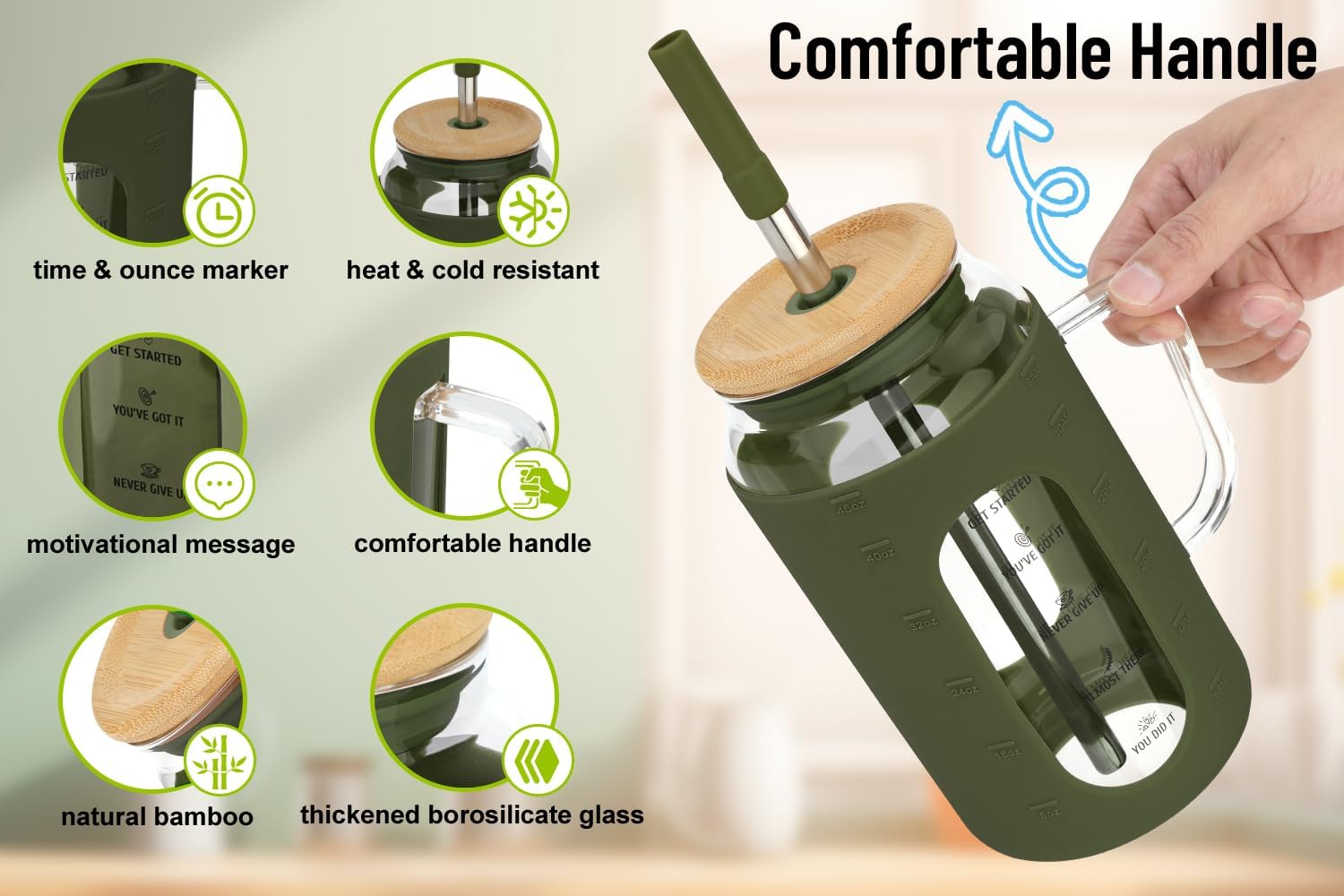 Zenbo 50 oz Glass Water Bottle with Motivational Time Markers, BPA-Free, with Handle, Lid, and Straw – Perfect for Iced Coffee, Water, and Beverages